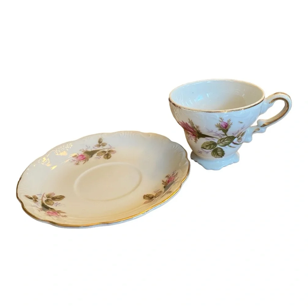 Vintage Moss Rose Teacup and Saucer Set, Fine China Japan Gold Trim
